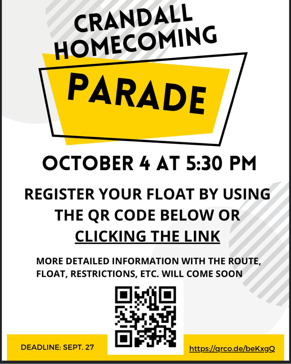 CrandallHS's tweet image. Local businesses don&apos;t forget to register your float for the parade! 🙋🏻®️🕺🏼
#CrandallHOCO #CHSBelieves #CHS23DiscoHOCO