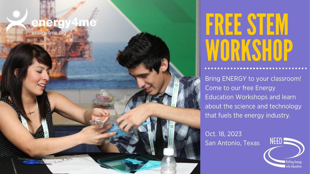 Join us for two FREE STEM workshops in San Antonio, Wednesday, Oct. 18 - Focused on the science and technology behind the energy industry.  One workshop for teachers only and one for students ages 15-18. 
Substitute and bus reimbursements!
atce.org/special-events…