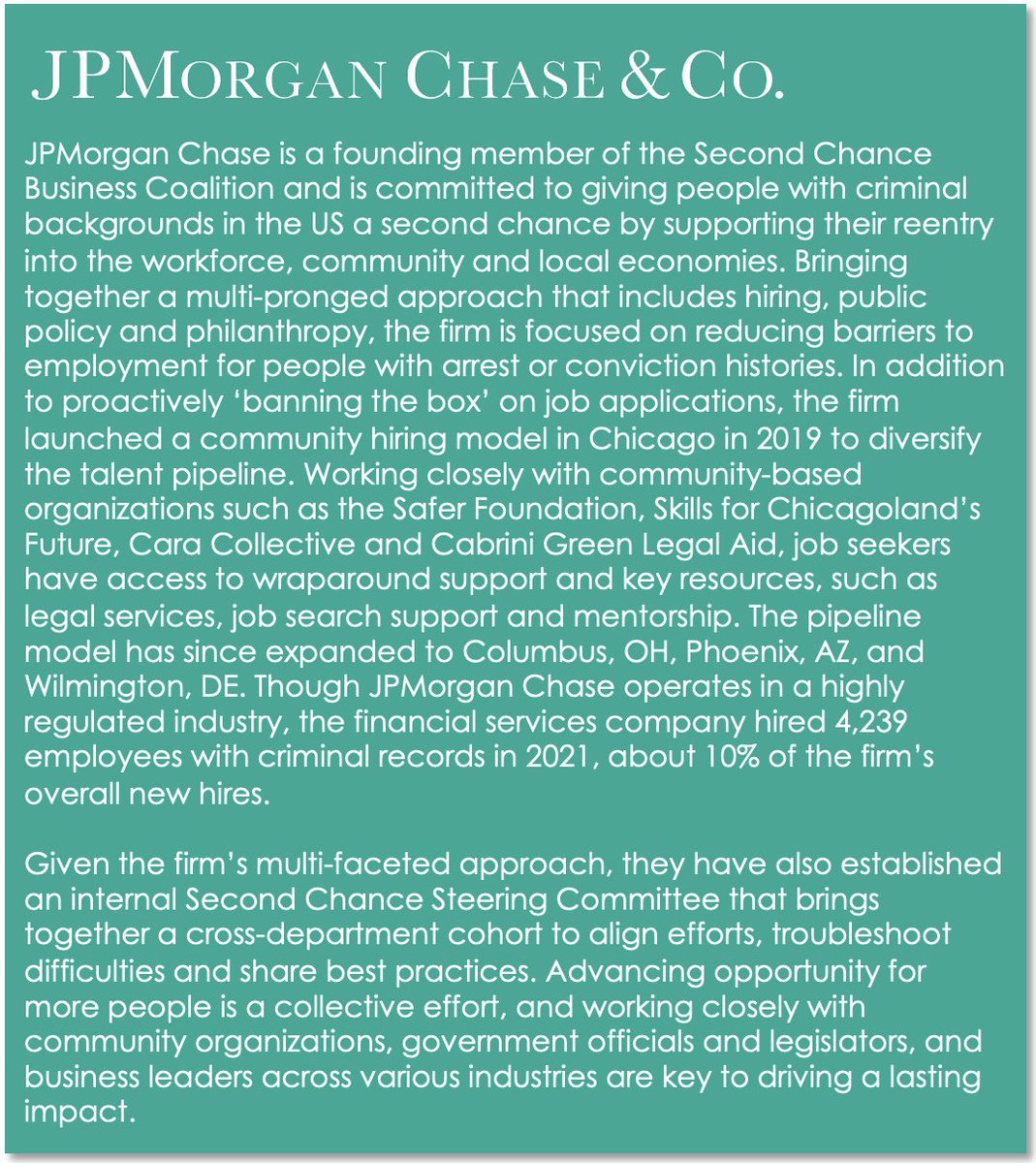 SCBC members are working w/ community orgs to recruit job seekers w/ a criminal record. Check out how <a href="/jpmorgan/">J.P. Morgan</a> <a href="/Chase/">Chase</a> is leading by example, establishing a range of partnerships to attract &amp; retain the most qualified talent and build a more equitable &amp; resilient workforce.