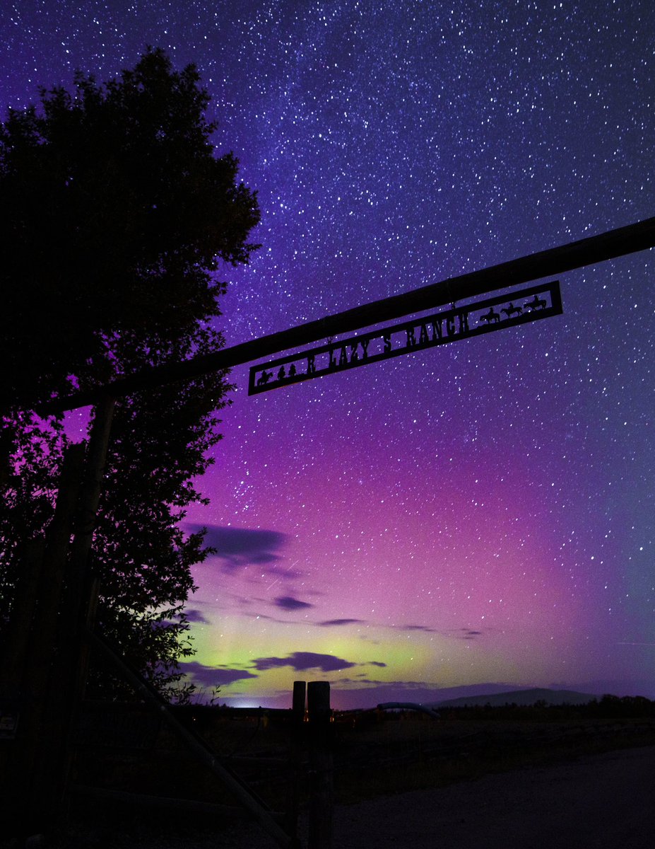 MattStirn's tweet photo. Beautiful show of the northern lights last night at the entrance to the ranch! R Lazy S Ranch, WY #northernlights #JacksonHole https://t.co/C99Xz8iiX1