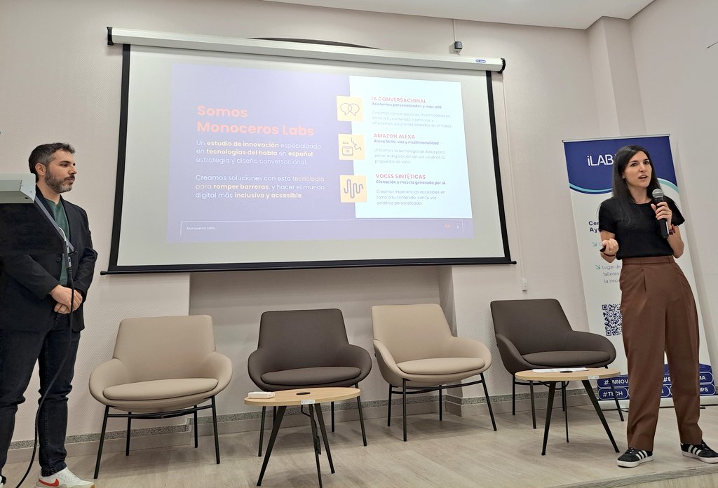 MujeresTech's tweet photo. Comienza @nieves_as y Carlos, cofundadores de @monoceros_xyz, nos hablan cómo consiguen #voces sintéticas a partir de #IAGenerativas #NLP #AI @iLABMadrid https://t.co/bbub2wxoB1