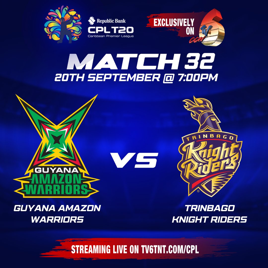 tv6tnt's tweet photo. 👀Who is going to the #CPL23Finals? Let us know in the comments!
#Match32: Guyana Amazon Warriors 🇬🇾 vs Trinbago Knight Riders 🇹🇹 at 7:00pm
📲Watch Livestream: https://t.co/pIY62jL2iG
#CPLonCCNTV6 #WatchCPLonCCNTV6 #CCNTV6 #TV6 #TV6App #CPL #CPL23 #CPLPlayoffs https://t.co/k51NPLs8Kr