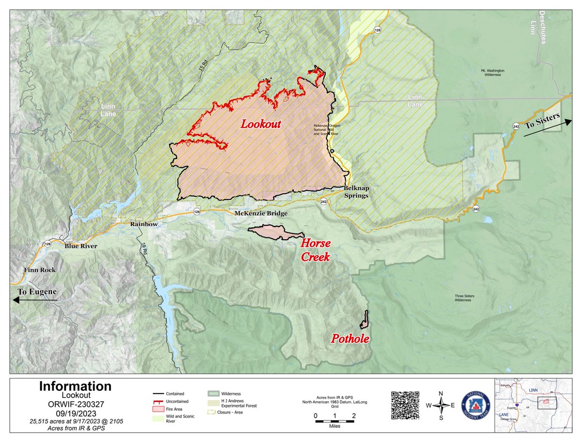 willametteNF's tweet photo. Sept. 19, 2023 UPDATE:
#Lookoutfire
Acres: 25,467
Containment: 50%
#Horsecreekfire
Acres: 763
Containment: 100%
#Potholefire
Acres: 109
Containment: 100%
Lookout/Horse Creek/Pothole Fires
Total personnel: 838
Crews: 16
Helicopters: 4
Engines: 30
Dozers: 4
Water Tenders: 20 https://t.co/3mQbdTisKX