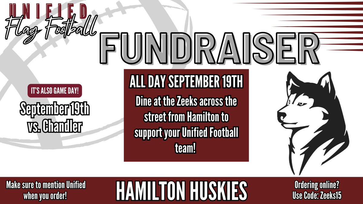 Come on over to Zeeks pizza right across the street from Hamilton to support your unified football team today!! 🏈