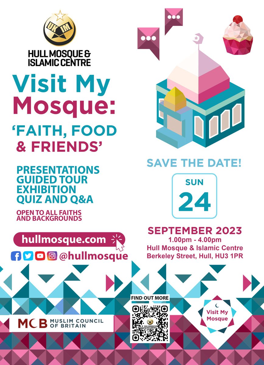 You are cordially invited to attend the Visit My Mosque event at Hull Mosque.

Date: Sunday 24th September
Time: 1.00pm to 4.00pm
Location: Hull Mosque, Berkeley Street, Hull, HU3 1PR

We hope up see you and your family! 

hullmosque.com/visit-my-mosqu…