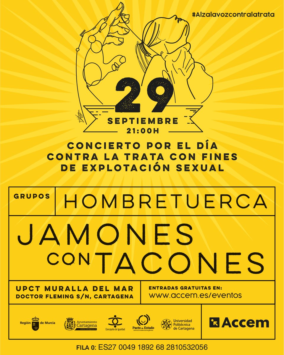 📅¿Estás en #Cartagena? Apúntate al concierto solidario con motivo de la conmemoración del Día Internacional contra la Explotación Sexual y el Tráfico de Mujeres, Niñas y Niños. 
El 29 de septiembre #AlzaLaVozContraLaTrata #ContraLaTrata accem.es/agenda/concier…