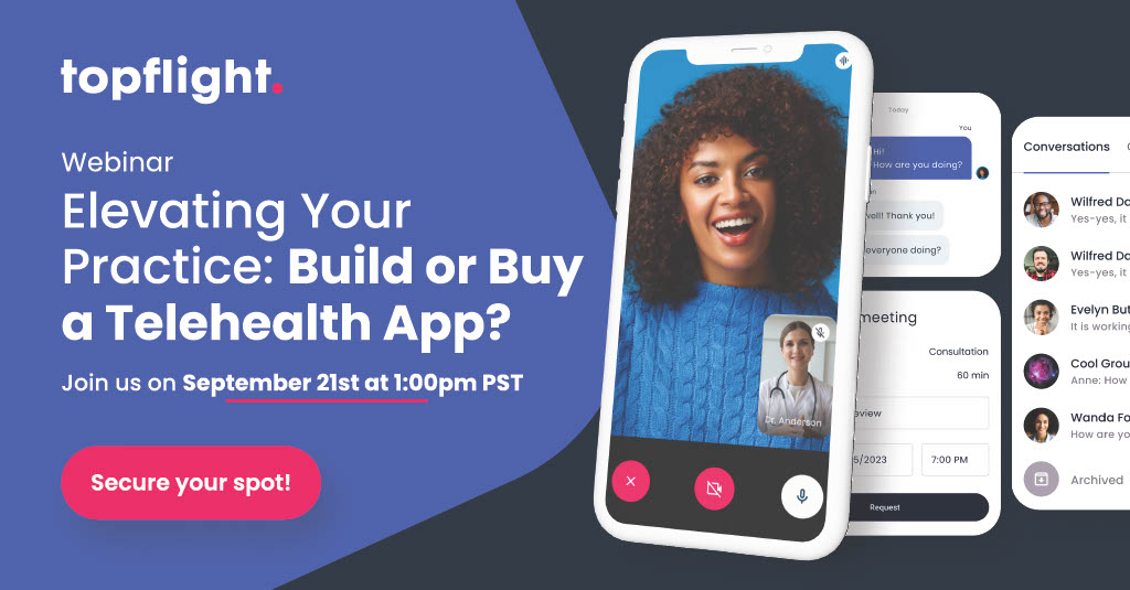 topflightapps1's tweet photo. 85% of potential patients don’t leave a voicemail. You’re missing out on new revenue by staying out of telehealth. It doesn’t need to be cost-prohibitive. Join us Sept 21st at 1pm PST to unpack options and ROI. Sign up: https://t.co/w4ux9HJ47h
#telehealth #mhealth #digitalhealth https://t.co/JhtqUiY2oA