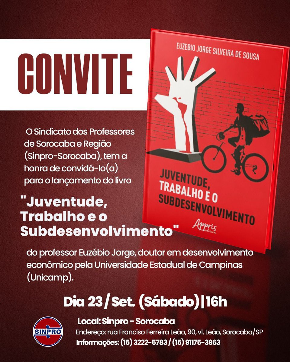 fepesp's tweet image. CONVITE DA DIRETORIA DO SINPRO SOROCABA - Tem lançamento de livro neste sábado, 23/9, na sede do Sindicato dos Professores de Sorocaba e Região.
Parabéns à equipe do Sindicato pela iniciativa!
Participe!