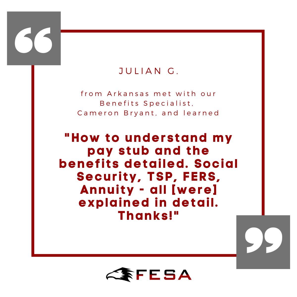 TeamFESA's tweet image. Like Julian G. from Arkansas, we can help you understand your benefits too! Contact us at (512) 687-6202 or email CustomerService@GoFESA.com
Visit GoFESA.com for more information
#FESA #Benefits #Retirement #TSP #Medicare #BenefitsAnalysis
