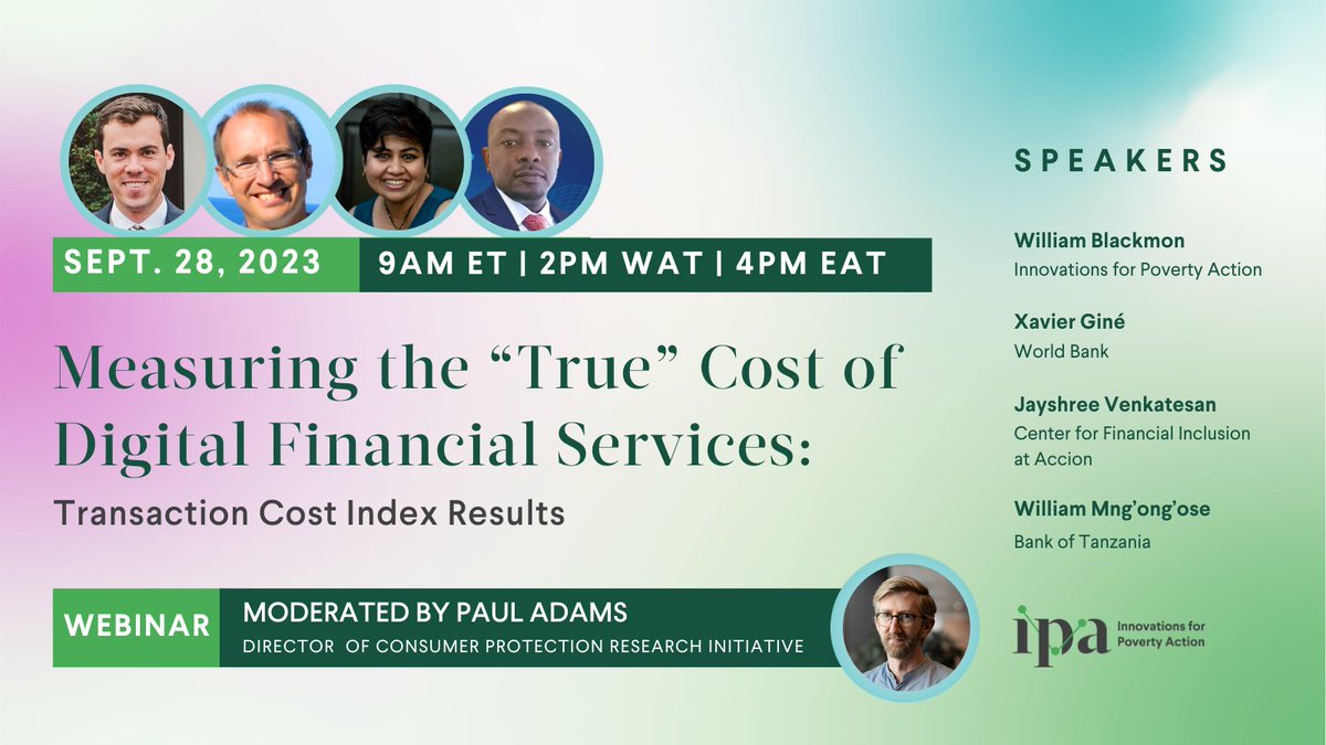 poverty_action's tweet photo. What are the trust costs of using #DigitalFinancialServices? And how do we systematically measure &amp; monitor these costs?

Learn more on Sept. 28th with 
👉@willie_blackmon 
👉Xavier Gine 
👉@jayshvenk 
👉@BankOfTanzania 
👉@pauldadams 

Register here: https://t.co/KWU9ppd6nl https://t.co/78JvGqKd8o