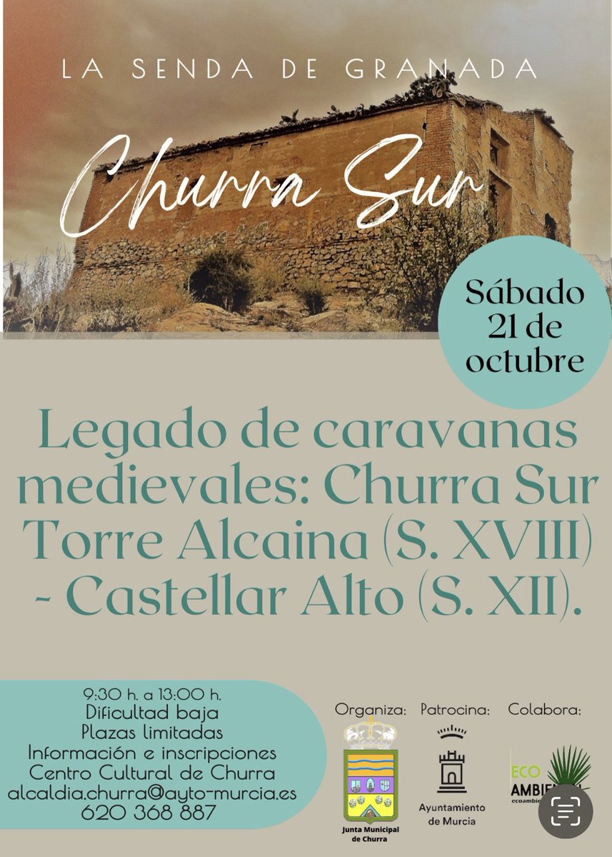 👣 En Churra queremos que conozcas nuestro patrimonio y por ello la Junta Municipal ha organizado estas rutas para sorprenderte.

📍Lugar de encuentro, Centro Cultural de Churra, calle Mayor s/n
📆 Dias 7 y 21 de octubre
⏰ 9:30 a 13:00
📞 620368887 (información e inscripciones)