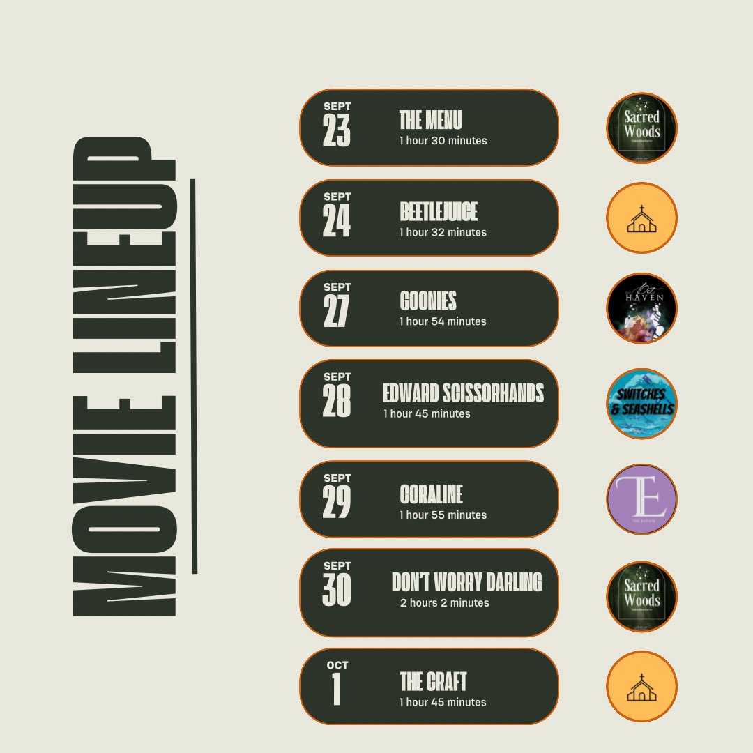 Grab your popcorn!🍿 

The lineup for the opening of the Fall Flicks event is up! 

We will see you Saturday in Sacred Woods to kick things off! 

<a href="/pethaven_finD/">Pet Haven</a> <a href="/FemdomChurch/">Femdomchurch</a> @sacred_woods <a href="/SwitchShellsDC/">Switches & Seashells</a>