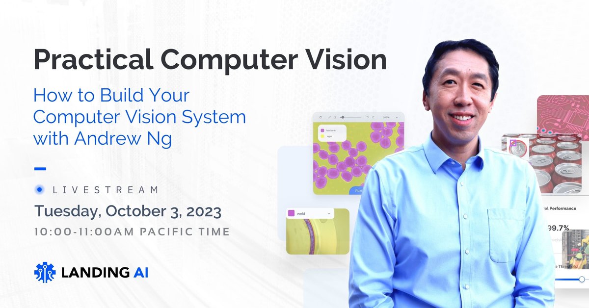 LandingAI's tweet image. On 10/3, @AndrewYNg will lead a live session on how to build custom #ComputerVision models.

Learn to:
⭐ Identify and scope vision applications
⭐ Choose the right project type/model
⭐ Apply #DataCentricAI
⭐ Develop an #MLOps pipeline

Register today 👉 bit.ly/3sXbbke