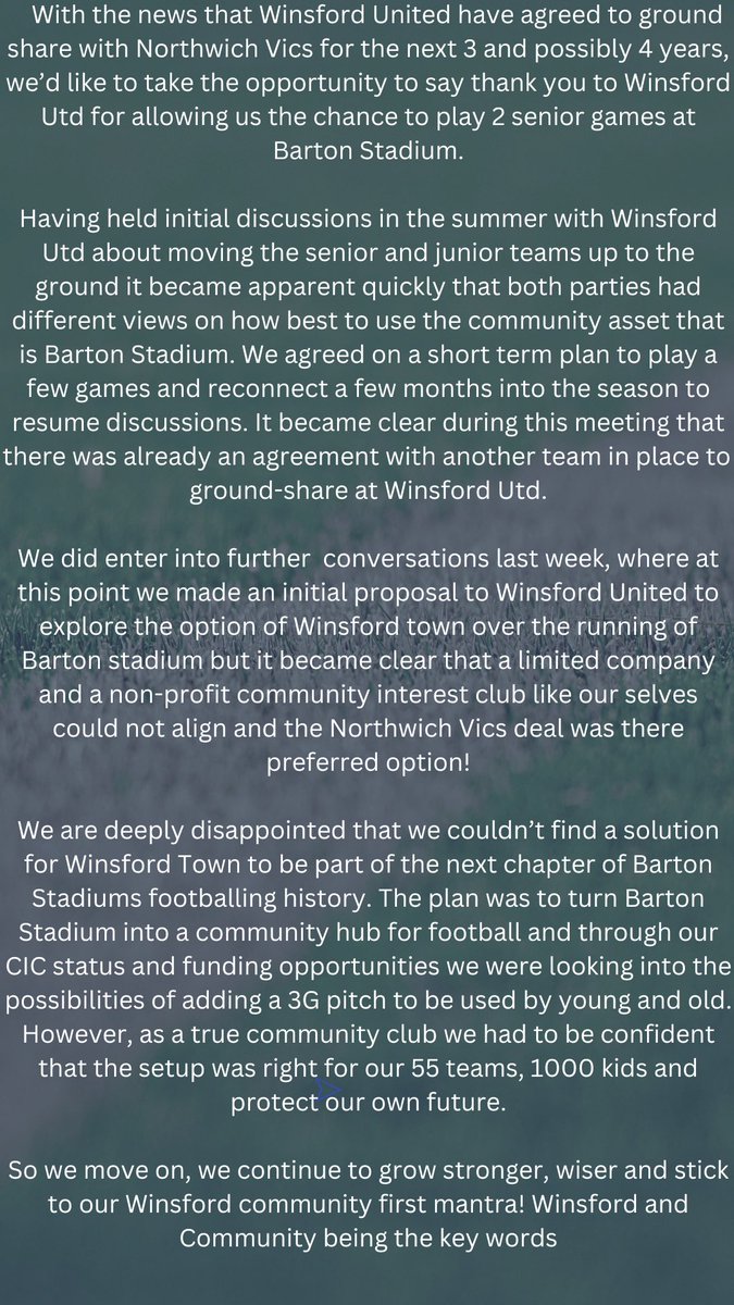 WinsfordTownFC's tweet photo. Winsford Town Committee statement on @WinsfordUnited ground sharing with Northwich Vics https://t.co/X0JiPnykWt