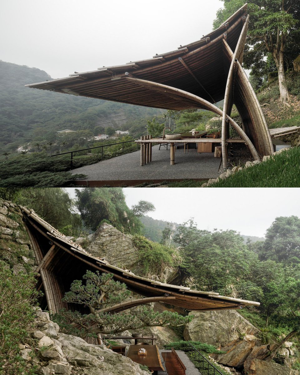 parametricarch's tweet image. Clear Water Tea House, designed by Behet Bondzio Lin Architekten in Nantou, China, is a bamboo structure on the edge of a slope at 700 m altitude. Metal strings were used to tie the joints to reduce the construction time.

The building materials were found around, highlighting…