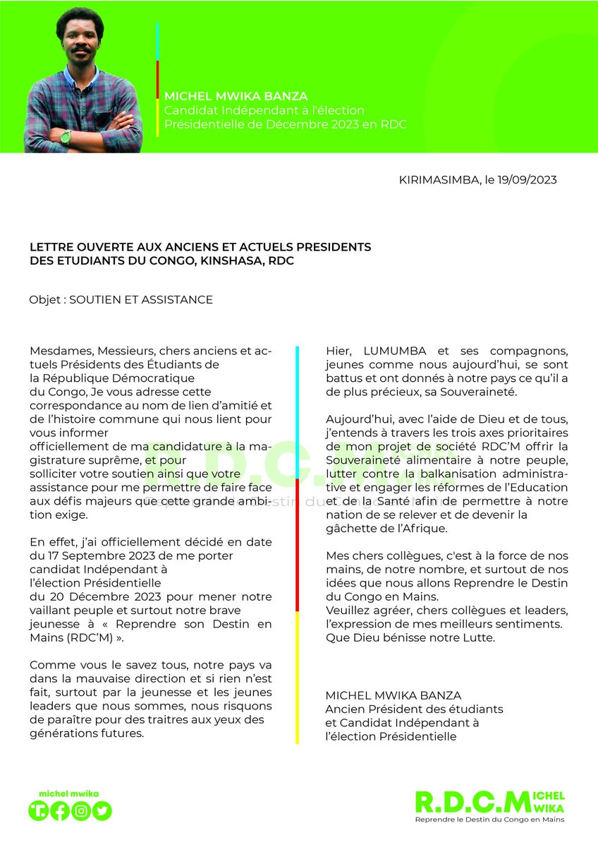 MichelMwika's tweet photo. Lettre ouverte à la bienveillante attention des anciens et actuels Présidents des Étudiants de la RDC. 

Mes chers compatriotes, si vous connaissez un ancien ou actuel Président des étudiants, faites lui lire cette lettre s'il vous plaît.  Que Dieu bénisse notre Lutte. #RDCM https://t.co/JWV34CnCxX