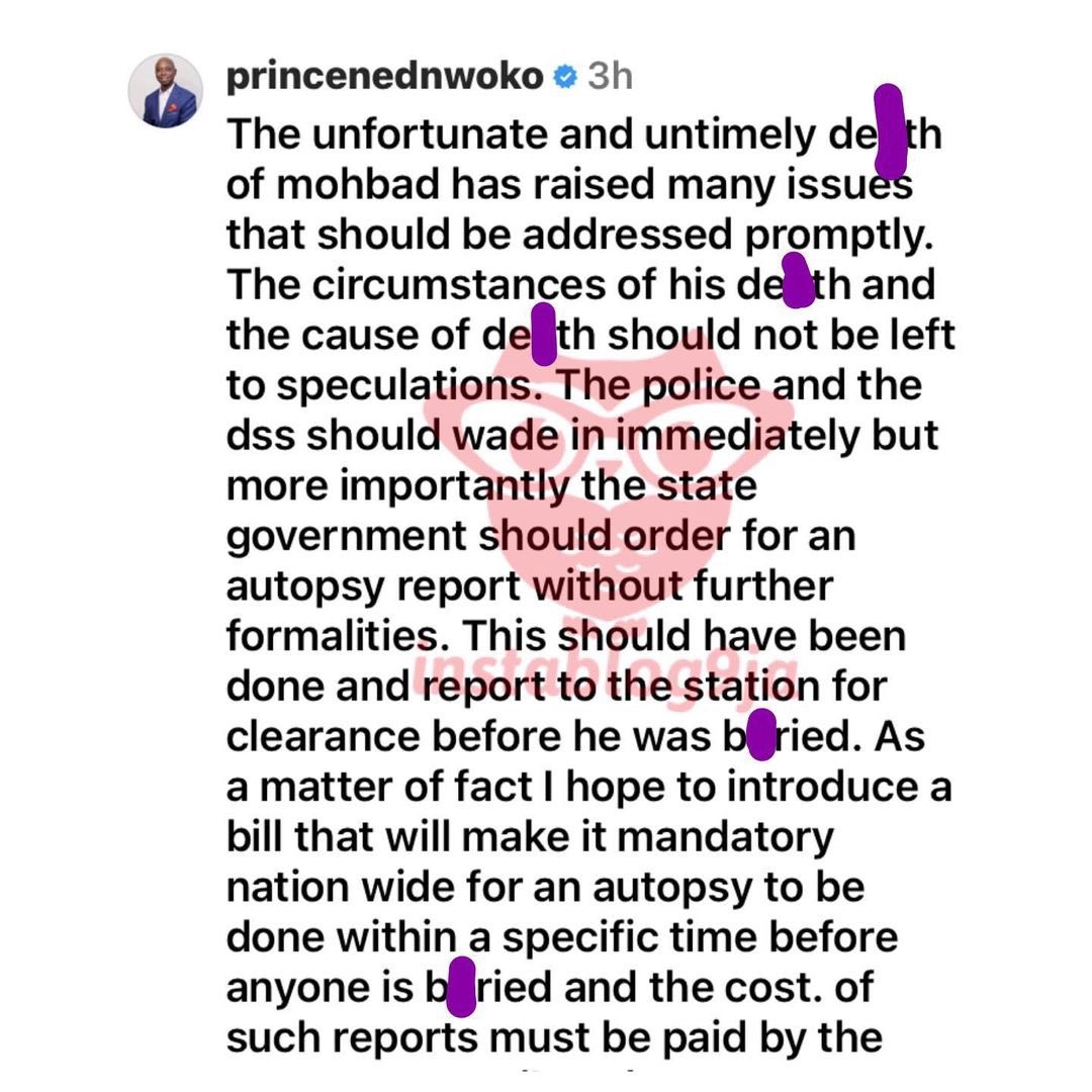instablog9ja's tweet photo. Justice For Mohbad: I’ll introduce a bill that will make it mandatory for an autopsy to be done within a specific time before anyone is b¥ried — Senator Ned Nwoko https://t.co/Xa1837VHSa