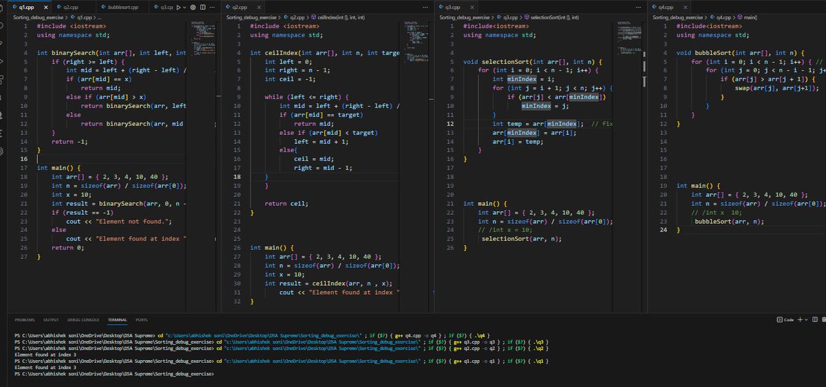 Abhishe57223573's tweet image. Day 19 of DSA #100DaysOfCode
I studied for 3.5hrsโฐ
->C++ Quiz (20 ques)
-> Debug Exercise (4 ques)
-> Solved 1 ques with 3 approach(striver sheet)
->Longest subarray with k (+ve,-ve).
#codingninja
#100daysofcodechallenge