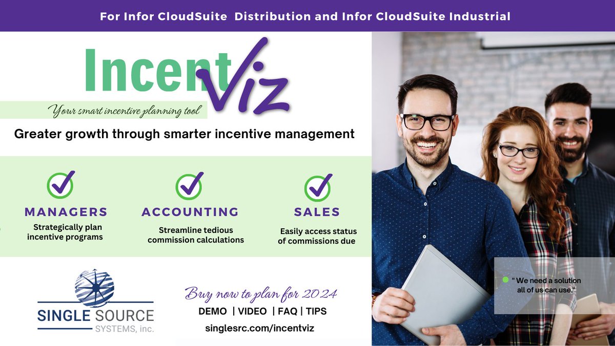 singlesrc's tweet photo. Is calculating your sales team’s commissions a time-consuming headache? There’s a smarter #commissionmanagementsolution available for #InforCloudSuiteIndustrial and #InforCloudSuiteDistribution users. Check out #IncentViz from Infor channel partner, Single Source Systems. https://t.co/99hh4Ot8J4