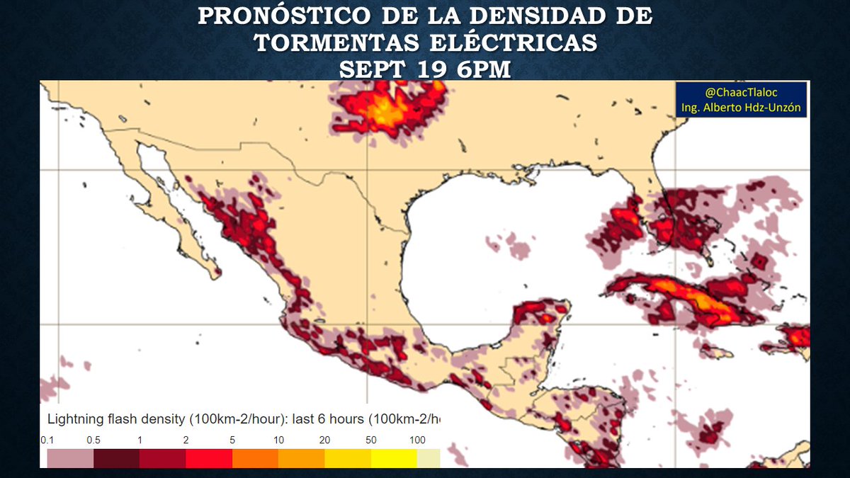 pronóstico de la densidad de #tormentas eléctricas desde el Sur de Sonora hasta Chiapas Puebla Morelos Yucatán y QuintanaRoo