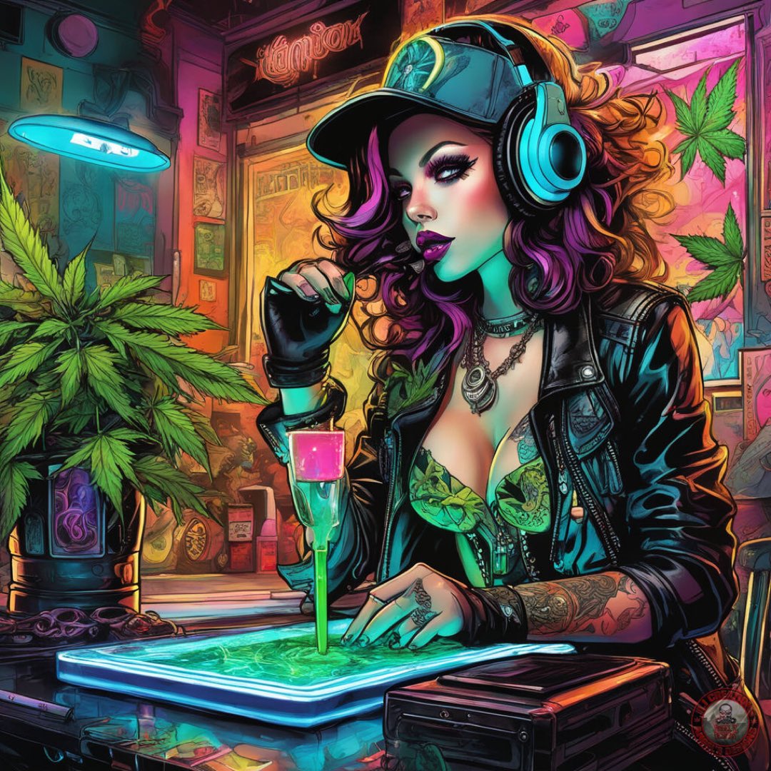 🌇Good Afternoon🌇
Here We Have A NeoPunk
Dispensary Ganjier Mixing Terpenes & Flavonoids 
#AIart #AIArtGallery #CannabisCommunity #AiArtSociety #Boricua #CannaLand #digitalart #tuesdayvibe #Crypto #WeedLovers #weedlife #AIgirl #PuertoRico #DigitalArtist