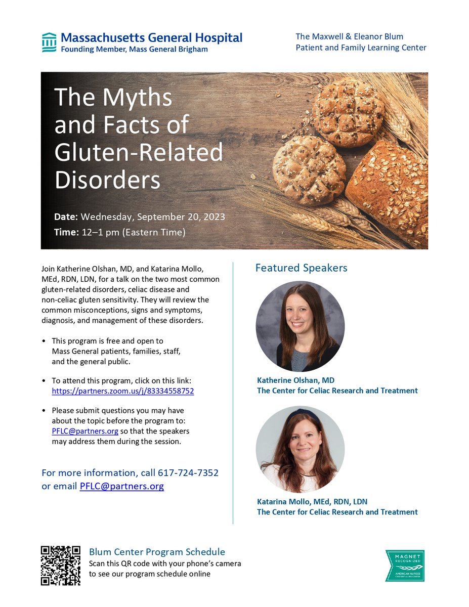 Free! Tomorrow, join us at noon for this @MGH_BlumCenter presentation w/ our colleagues Katherine Olshan, MD + Katarina Mollo, MEd, RDN, LDN. As a physician + a clinical #dietitian, the presenters will address common myths re: celiac disease + other #gluten -related disorders.