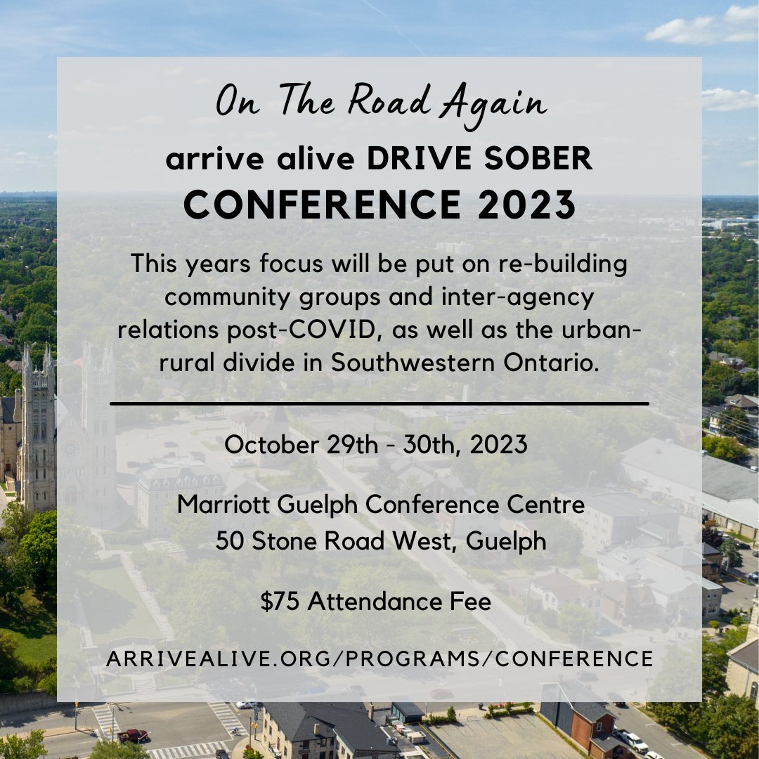 The #ArriveAliveConference2023 is happening October 29/30th 🎉This year's focus will be on re-building community groups and inter-agency relations post-COVID, and the urban-rural divide in Southwestern Ontario. Visit our website to find out more and to register. See you there!😄