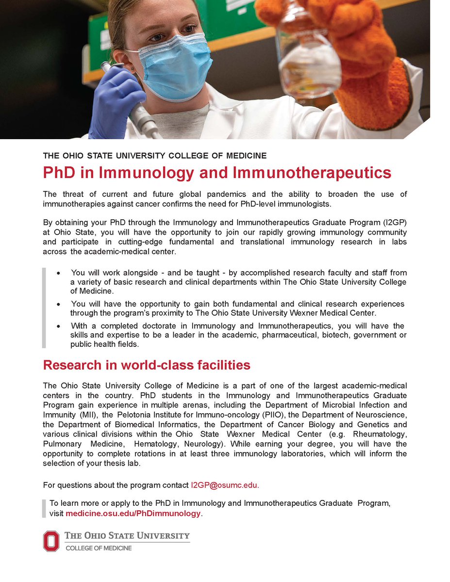 Now accepting applications for the Immunology and Immunotherapeutics PhD Graduate Program (I2GP) <a href="/OhioStateMed/">The Ohio State University College of Medicine</a>. Come join our growing community of Immunologists and perform leading edge research in top level facilities! <a href="/OhioStatePIIO/">Pelotonia Institute for Immuno-Oncology</a> <a href="/OSUCCC_James/">The James at Ohio State</a>
Apply: gpadmissions.osu.edu/programs/progr…