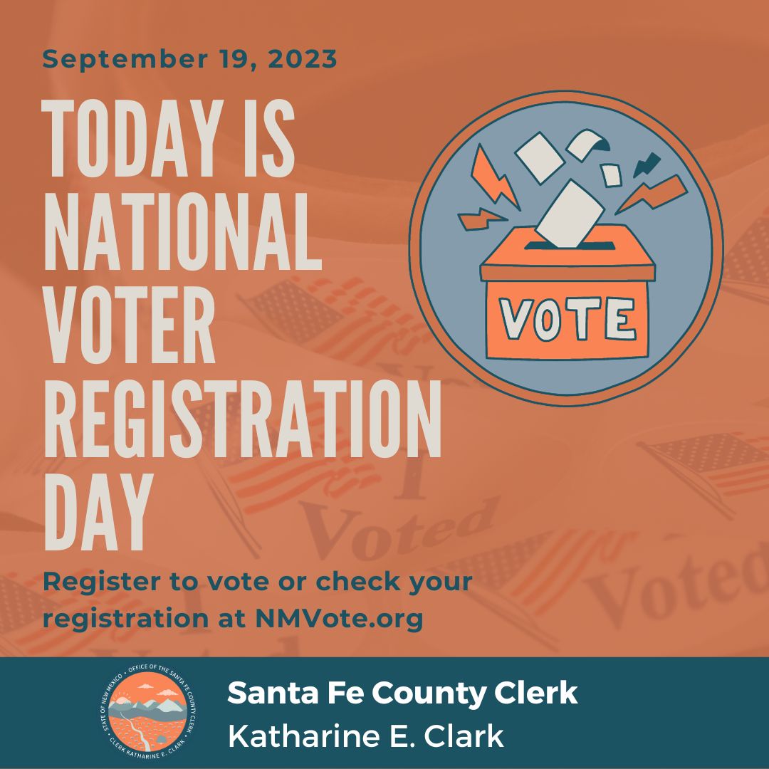 SantaFeCoClerk's tweet photo. Today, our office is Celebrating #NationalVoterRegistrationDay!
Please visit https://t.co/seVxM0nFKt to register to vote or update your information, and visit https://t.co/Xbkkys4VrW for information on the upcoming Regular Local Election!
#RLE2023 https://t.co/I6G1oZnu7a