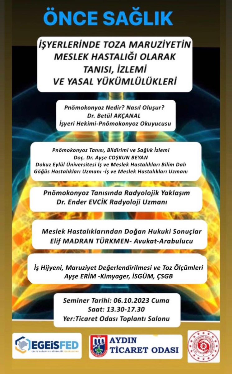 Federasyonumuz İşbirliğinde Aydın Ticaret Odası Toplantı salonunda 06 Ekim 2023 Cuma günü 13.30-17.30 saatleri arasında “İşyerlerinde Toza Maruziyetin Meslek Hastalığı Olarak Tanısı, İzlemi ve Yasal Yükümlülükleri” içerikli seminer düzenlenecektir.