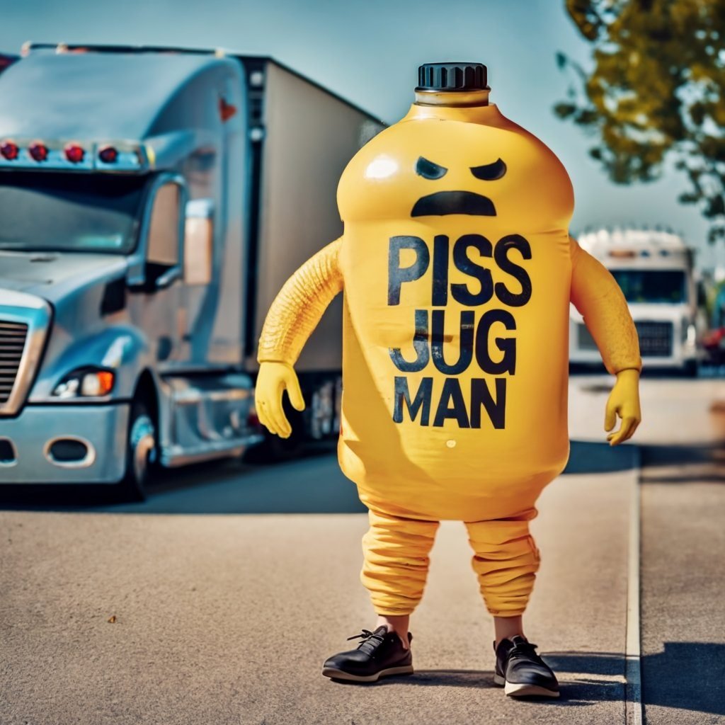 Piss Jugman is here until 6pm today to teach truckers proper pee disposal. Jugman is 'pissed' at all the jugs he's found laying in the parking lot. 'Urine trouble' if you don't dispose properly.

Kids can get their picture taken with Piss Jugman for only $5 from 4-6pm today