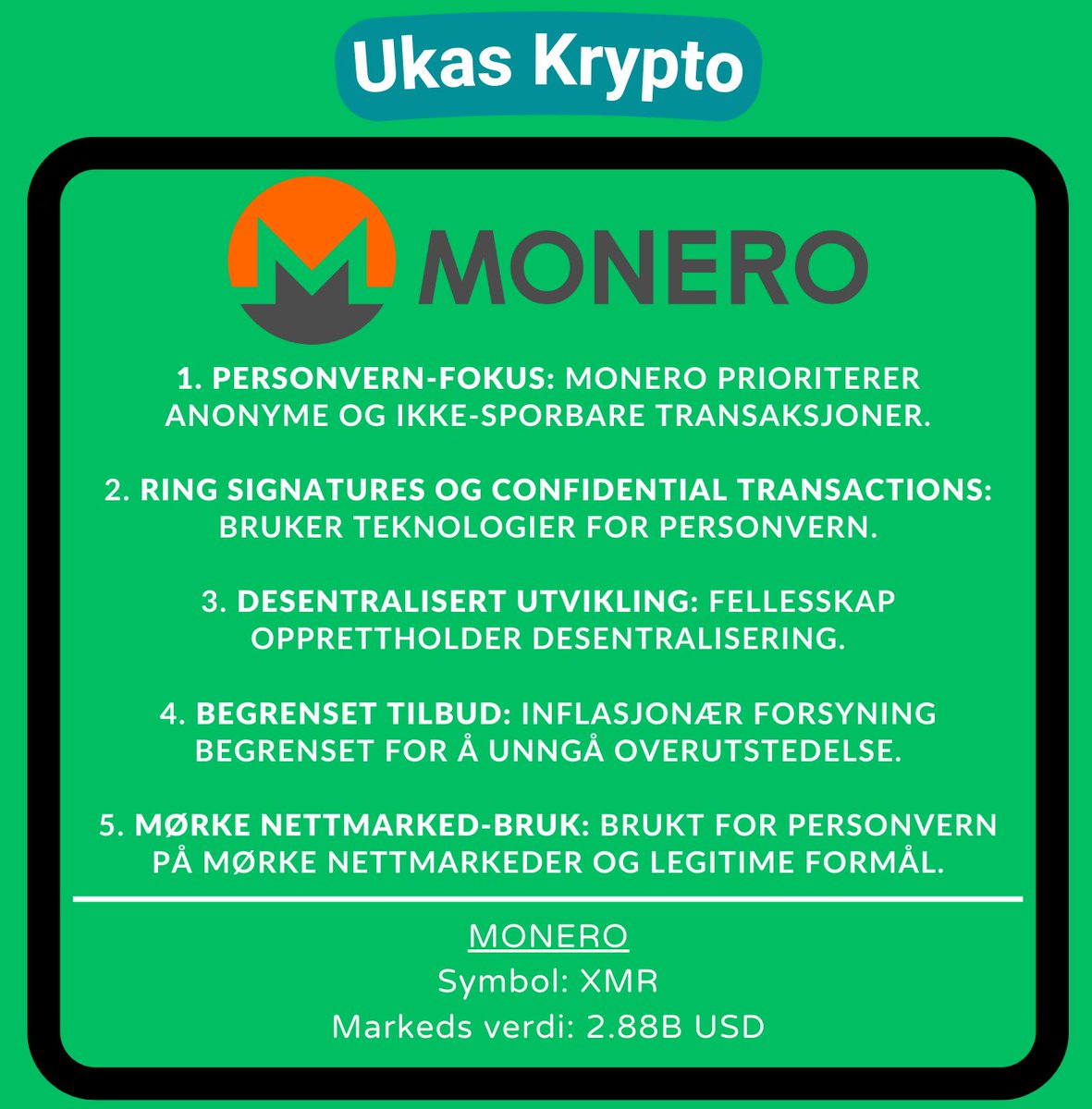 FinansInvestor's tweet photo. Ukas krypto er Monero (XMR)

#krypto #crypto #monero #finans #aksjer #FinTwitt https://t.co/agcl2IRArv