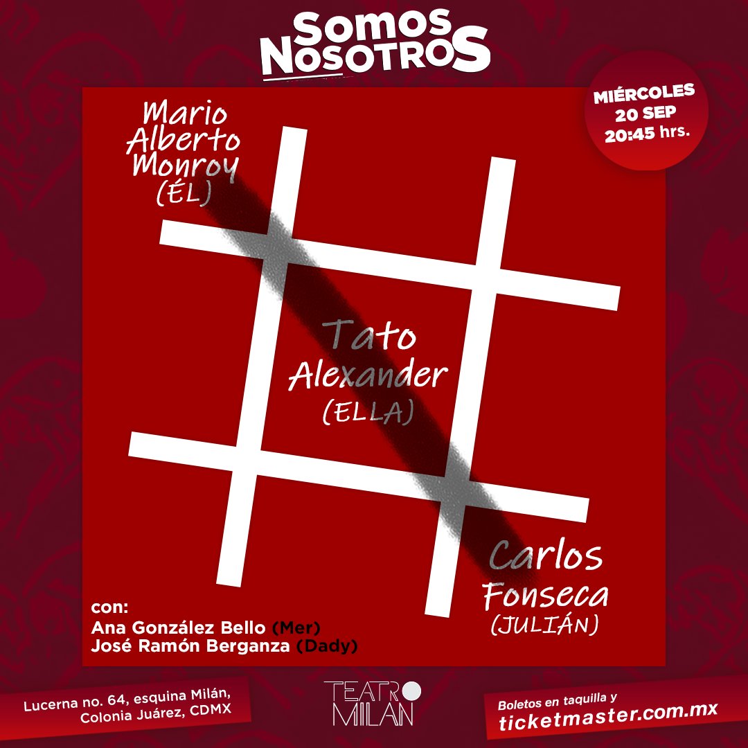Conoce el rol de elenco de #SomosNosotros para esta semana y acompaña a @carlosfonsecaof en su estreno como Julián.

Nos vemos en el <a href="/teatro_milan/">Teatro Milán</a> el 20 de septiembre a las 8:45 PM.

Consigue tus boletos en <a href="/Ticketmaster_Me/">Ticketmaster México</a> y taquillas del teatro.