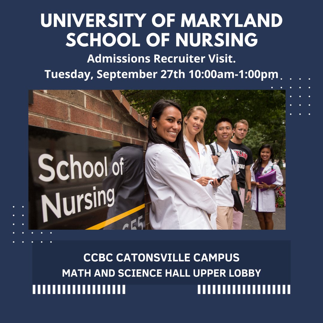 CCBCTransfer's tweet image. Learn more about the UMD (Baltimore) School of Nursing. Wednesday, Sept 27th 10am1-pm. Catonsville -- MASH Upper Lobby