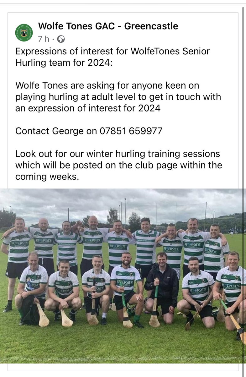Expressions of interest for WolfeTones Senior Hurling team for 2024:

Wolfe Tones are asking anyone keen on playing hurling at adult level to get in touch for 2024

Look out for our winter hurling training sessions which will be posted on the club page within the coming weeks