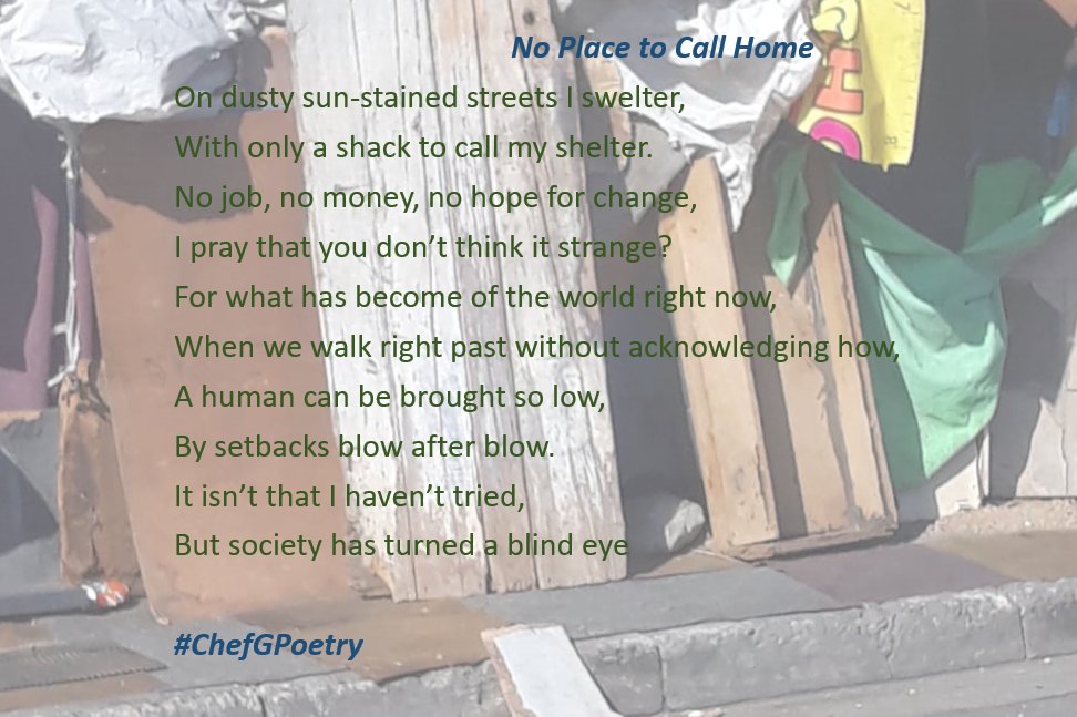 ChefGarethS's tweet photo. No Place to Call Home
#ChefGPoetry #PoetryLovers #PoetryTwitter #PoetryCorner #PoetryCommunity
#Homelessness #WorkingHomeless #Poverty https://t.co/wV113C0Ors