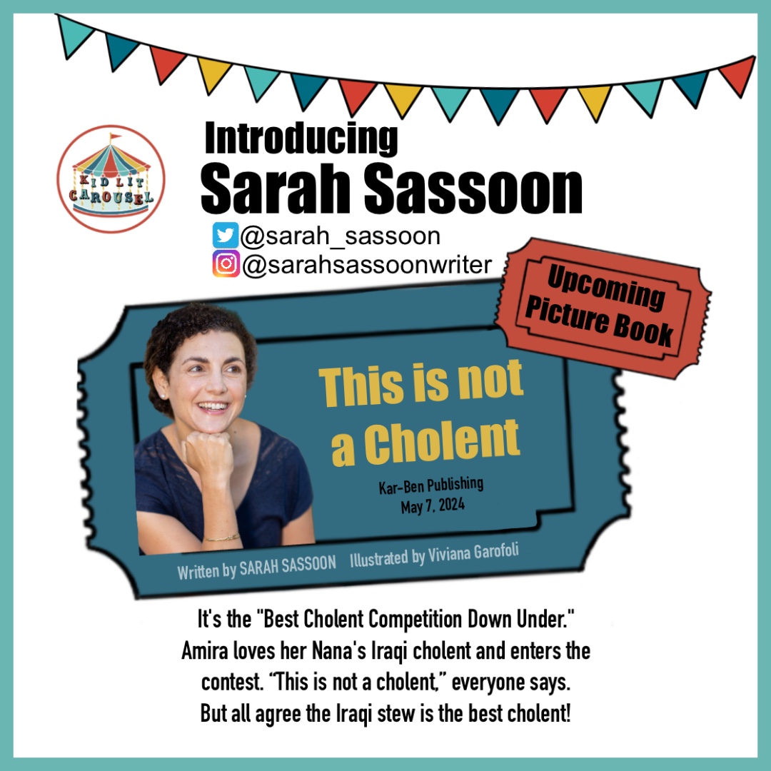 Meet #KidLitCarousel member <a href="/sarah_sassoon/">Sarah Sassoon</a>! We’re excited for her next #PB THIS IS NOT A CHOLENT, illus. by Viviana Garofoli, about a girl who enters a cooking contest with an Iraqi dish that everyone scoffs at for being “different”–until they taste it!😋Fr <a href="/KarBenPub/">Kar-Ben Publishing</a> May 7, 2024