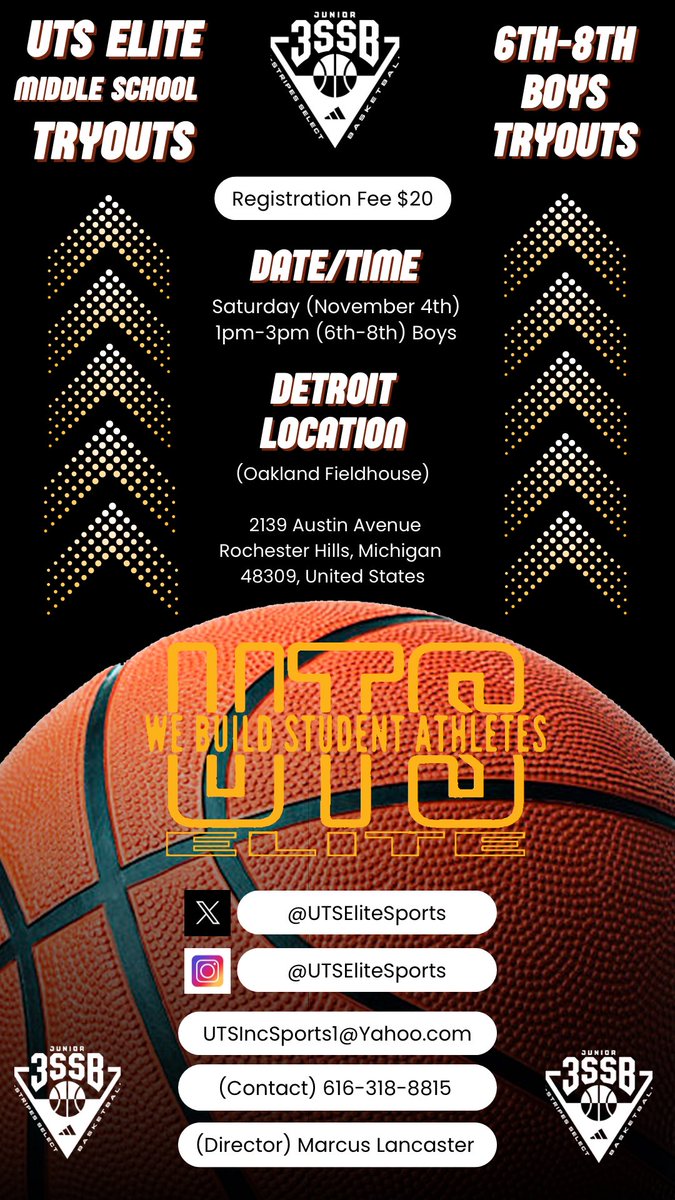 TheCEO_UTS's tweet photo. #UTSElite (DETROIT LOCATIONS)
⭐️ Boys & Girls TRYOUT Info ⭐️
➡️ For more information and to register, visit our Page @UTSEliteSports ‼️
(Email) UTSIncSports1@Yahoo.com
(Contact) 616.318.8815 https://t.co/FSrOrS85PU