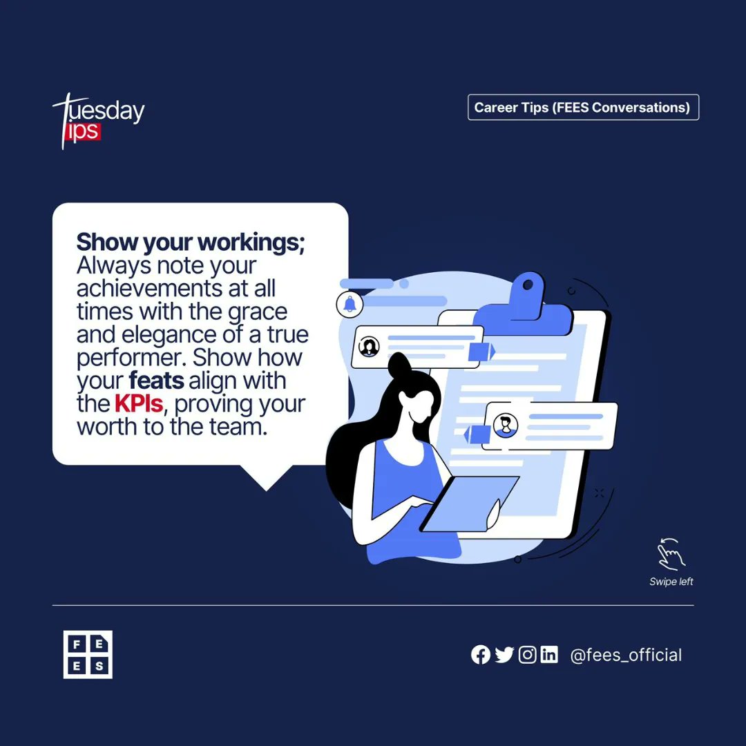 fees_official's tweet photo. Did you know that your Key Performance Indicators (KPIs) play a crucial role in your career growth?
Emmanuel Ndibe shared three basic tips on how to smash your KPIs at the last #feesconversations
Have you participated in #feesconversations before?π
Join us tonight by 8pm! https://t.co/N4cu4xQRgq