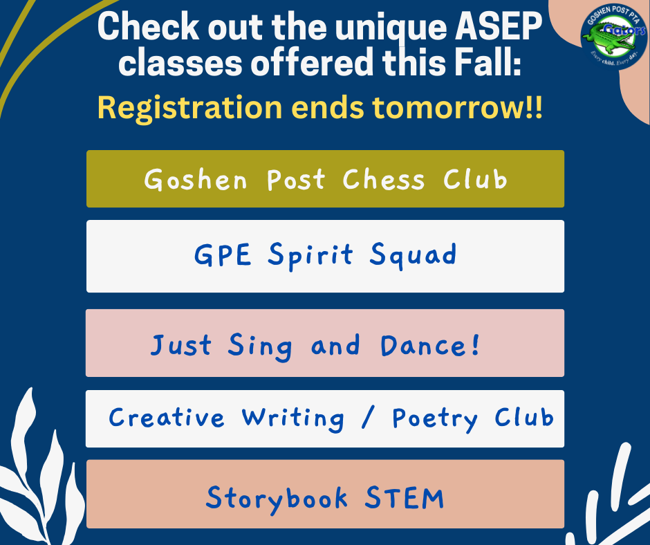 Check out these cool ASEP classes that are being offered this Fall!  

<a href="/GoshenPostES/">Goshen Post ES</a>