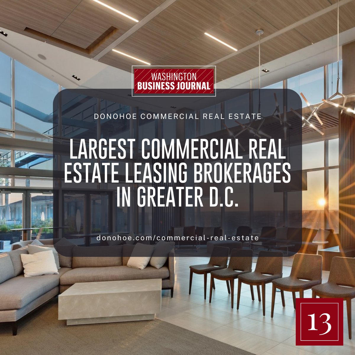 We are proud to have been named one of the Largest Commercial Real Estate Leasing Brokerages in Greater D.C. by The Washington Business Journal!

Read more here: donohoe.com/newsroom/real-…

#commercialleasing #washingtondc #commercialrealestate #industryleadership