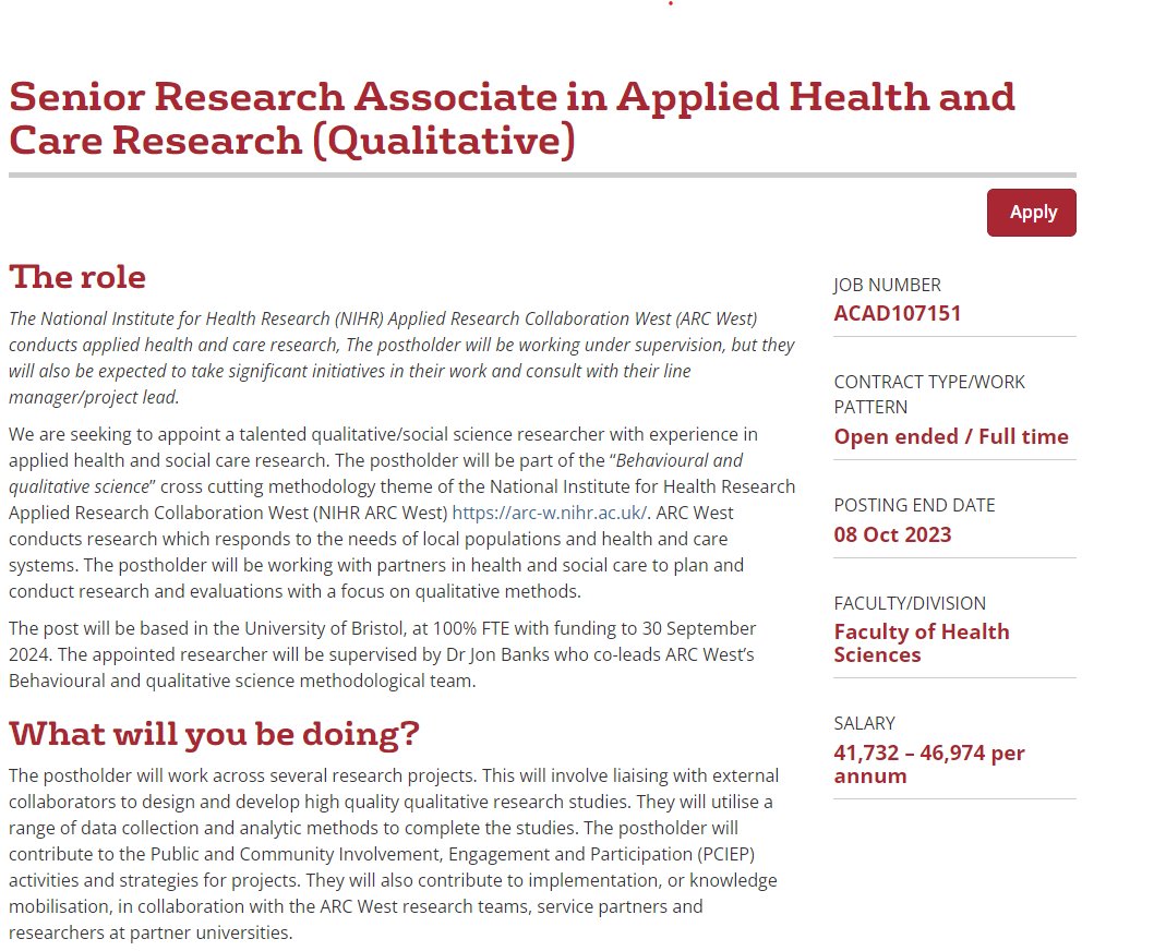 Jon Banks (@jonbanks10) on Twitter photo .@ARC West/<a href="/BristolUni/">University of Bristol</a> are recruiting a qualitative social science researcher to work on health and care related studies as part of the Behavioural & Qualitative Science team with great opportunities for developing applied health care research .@ARC West/<a href="/BristolUni/">University of Bristol</a> are recruiting a qualitative social science researcher to work on health and care related studies as part of the Behavioural & Qualitative Science team with great opportunities for developing applied health care research