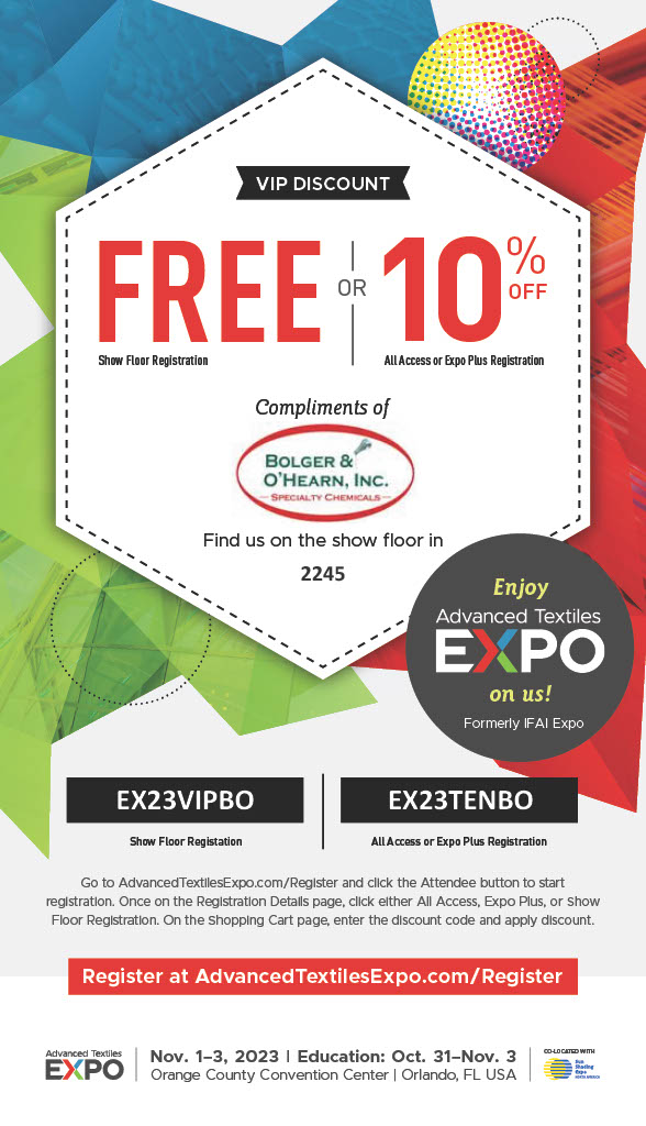 Advanced Textiles Expo in Orlando is just a few weeks away and you can visit the show floor for free on us.  We're in Booth 2245. Just use the code below. See you at the show! #ATAEXPO