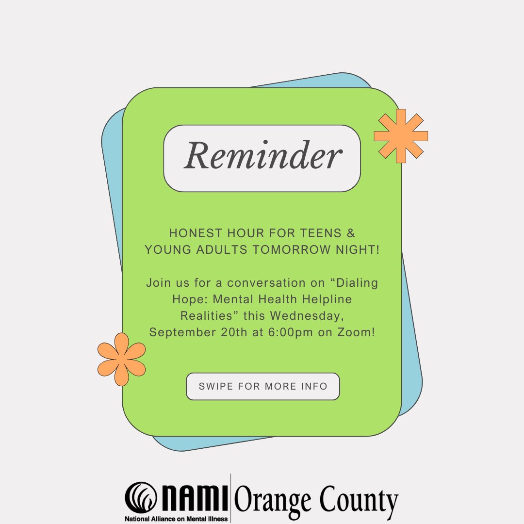 NAMIOC's tweet photo. Mark your calendars for TOMORROW, September 20th! Join us for an eye-opening Honest Hour with Rebecca Zeitlin, Eeman Khairzada, and Dave Dicken on Mental Health Helpline Realities! 🧠💬
Sign up for this virtual no-cost event at https://t.co/muHWVerK5f
#NAMI #HonestHour #hope https://t.co/NN1sS3izdV