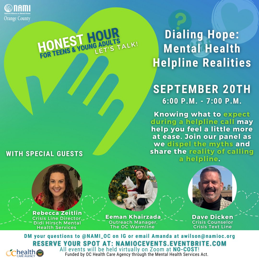 NAMIOC's tweet photo. Mark your calendars for TOMORROW, September 20th! Join us for an eye-opening Honest Hour with Rebecca Zeitlin, Eeman Khairzada, and Dave Dicken on Mental Health Helpline Realities! 🧠💬
Sign up for this virtual no-cost event at https://t.co/muHWVerK5f
#NAMI #HonestHour #hope https://t.co/NN1sS3izdV