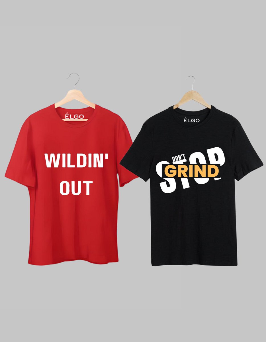 Elgoclothing's tweet image. 🔴 Red T Shirt: 'Wildin' Out' 🤪
⚫️ Black T Shirt: 'Grind Don't Stop' 💪

When you can't decide between wildin' or grinding, why not do both with our combo pack! #elgo