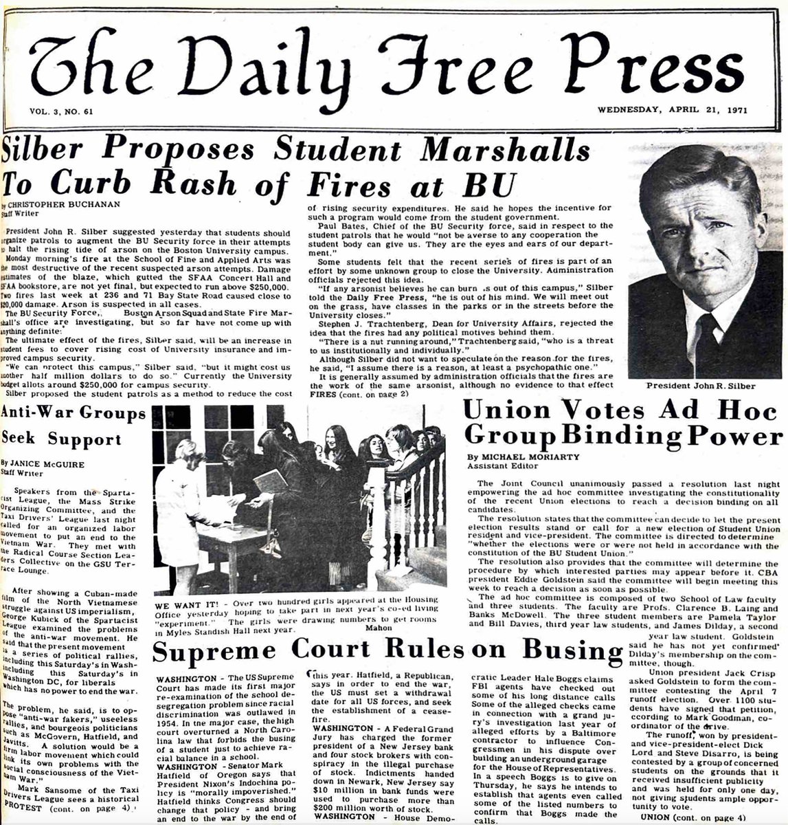 DFParchives's tweet image. By 1967, an anti-war student movement was alive and well at @BU_tweets. 

Check out this eventful front page from April 1971, the same school year the @dailyfreepress began!