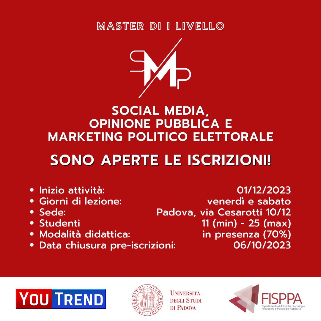 Giovanni Diamanti (@giodiamanti) on Twitter photo Riparte <a href="/master_smp/">Master Universitario SMP</a>, il master in Social media, opinione pubblica e marketing politico nato dalla partnership tra <a href="/you_trend/">Youtrend</a> e <a href="/UniPadova/">Università di Padova</a>.
Info e iscrizioni fino al 6 ottobre a questo link: uel.unipd.it/master-e-corsi… Riparte <a href="/master_smp/">Master Universitario SMP</a>, il master in Social media, opinione pubblica e marketing politico nato dalla partnership tra <a href="/you_trend/">Youtrend</a> e <a href="/UniPadova/">Università di Padova</a>.
Info e iscrizioni fino al 6 ottobre a questo link: uel.unipd.it/master-e-corsi…