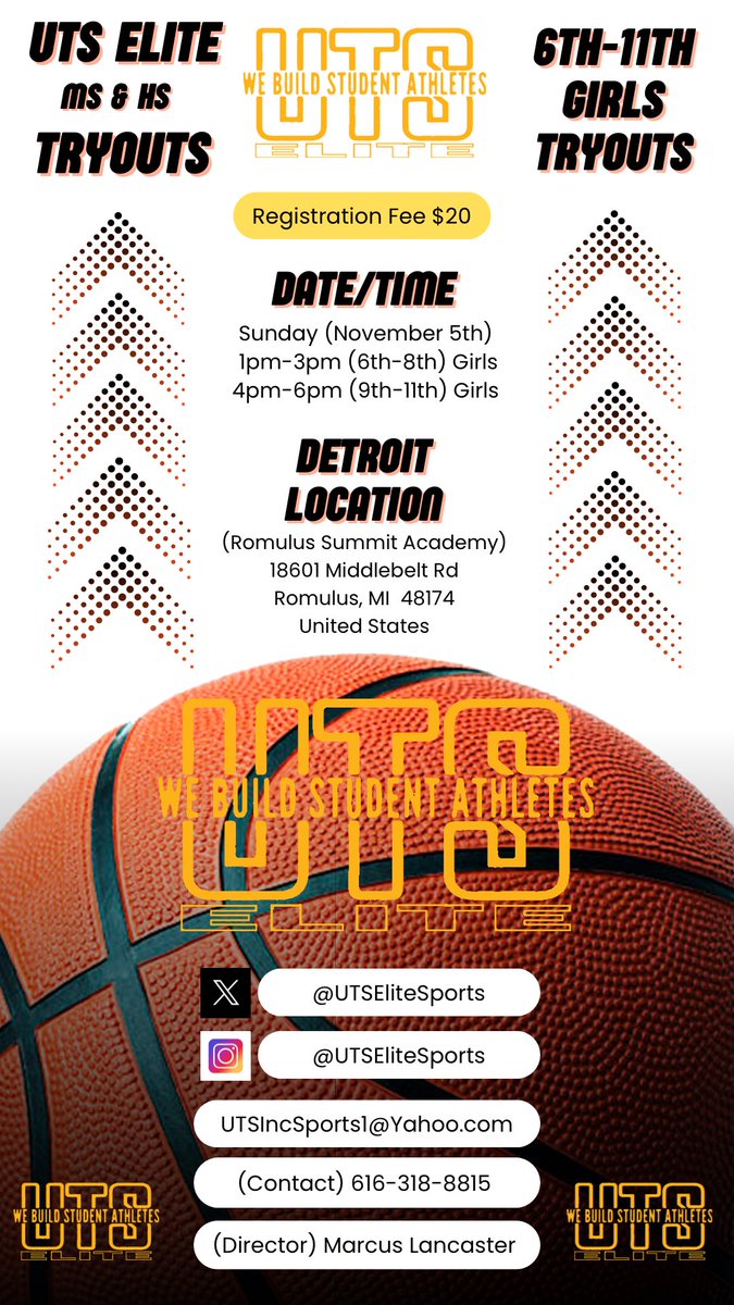 #UTSElite (DETROIT LOCATIONS) 

⭐️ Boys & Girls TRYOUT Info ⭐️

➡️ For more information and to register, visit our Page @UTSEliteSports ‼️

(Email) UTSIncSports1@Yahoo.com 
(Contact) 616.318.8815