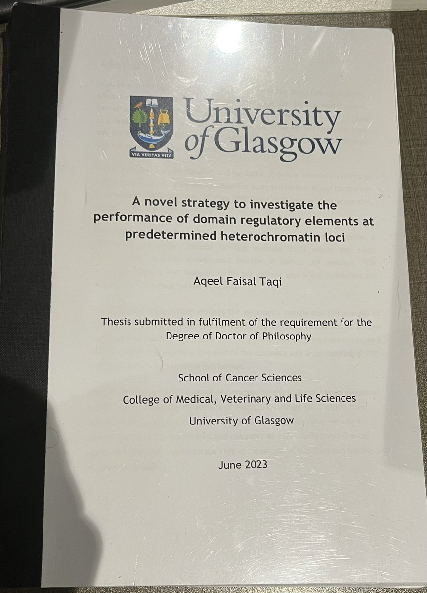 الحمد لله الذي أكرمني من فضله ومدني بعونه ورزقني من علمه اجتزت مناقشة رسالة الدكتوراه في علم الوراثة الجزيئية من جامعة غلاسكو <a href="/UofGlasgow/">University of Glasgow</a> شكرًا لعائلتي ولكل من وقف بجانبي من أصدقائي

Passed my PhD viva. Immense thanks to my family and friends for their support during this journey